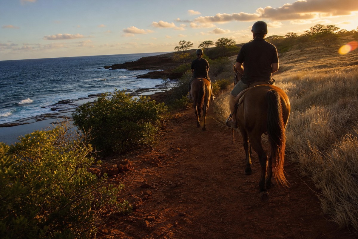 Low late-afternoon sunlight raking across red dirt ranchland and coastal cliffs on Kauai's south shore, two riders on horseback in silhouette
