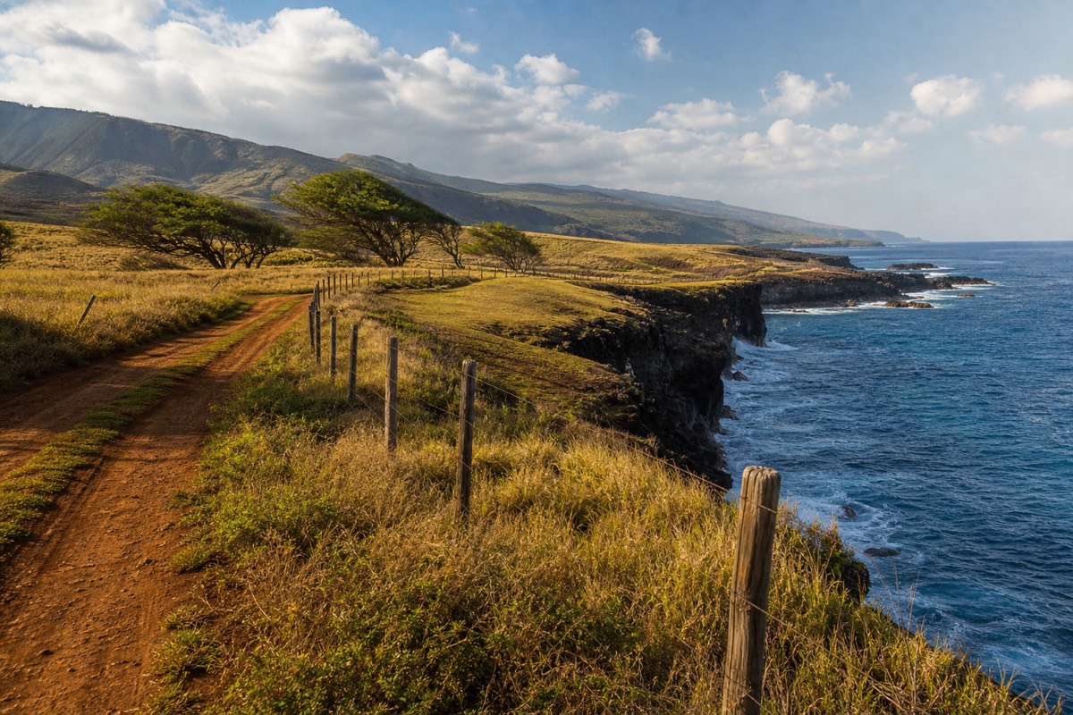 Red dirt ranch track running along grassy clifftops above the ocean on the south shore of Kauai