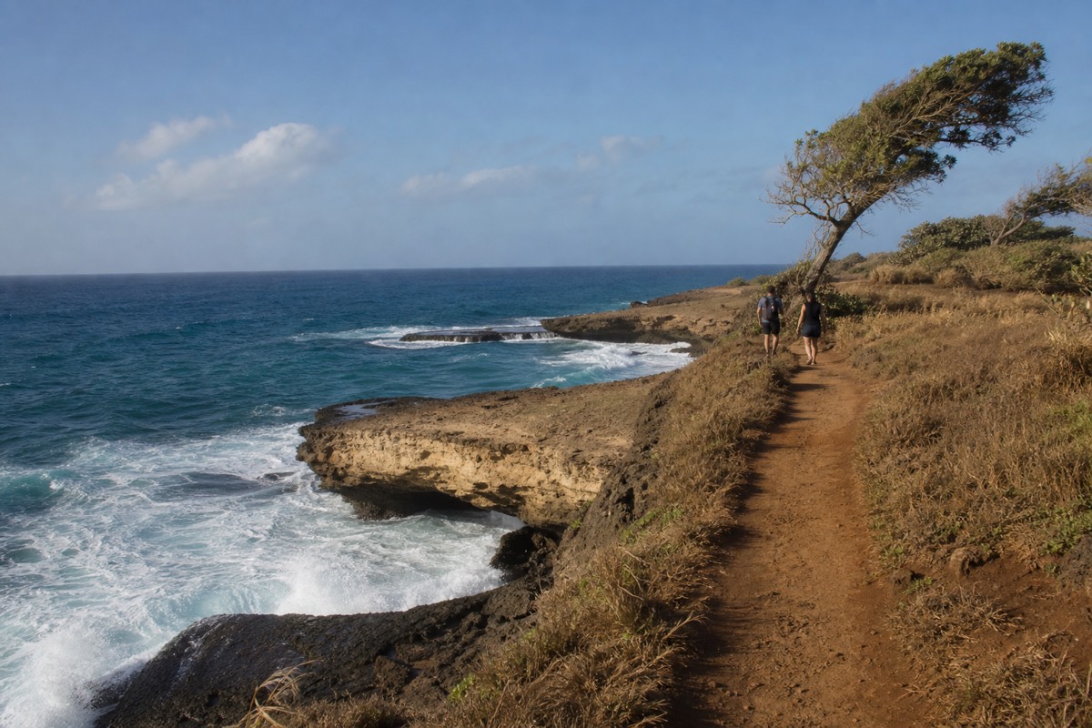 Sunlit coastal footpath running along the lithified limestone cliffs of the Maha'ulepu Heritage Trail on Kauai's south shore, with surf breaking below