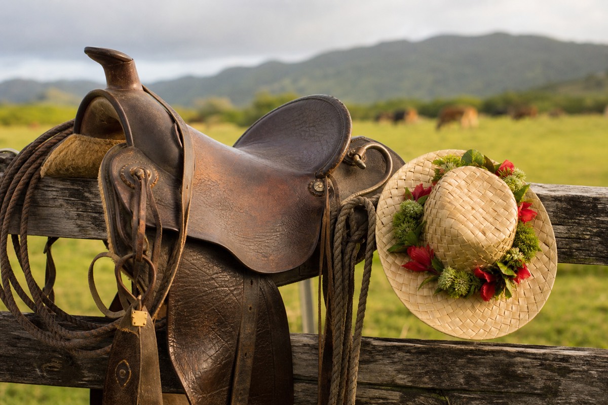 A worn leather saddle and a woven lauhala hat with a flower band resting on a weathered wooden fence rail at a Hawaii ranch